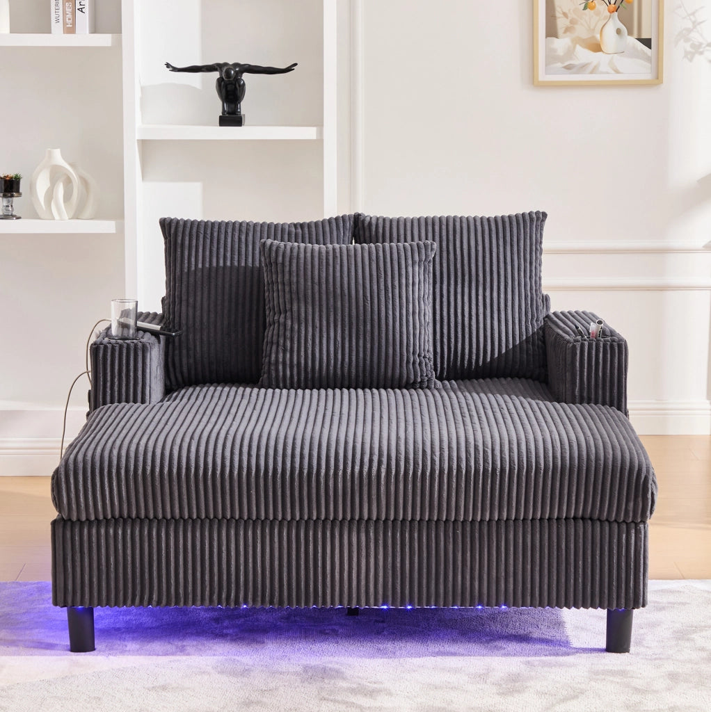 Poltrona Relax Oversize in Velluto con Luci LED, Porta USB e Portabevande, 142x128x85 cm, Carico 350 kg