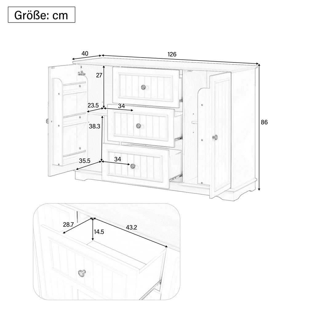 Credenza con 3 cassetti e ante stile frigorifero; ripiani regolabili; MDF grigio per cucina 126 × 40 × 86 cm