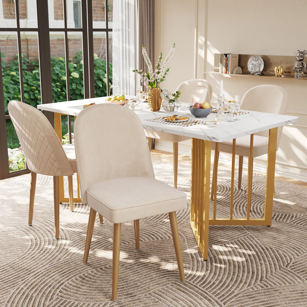 Set di 6 sedie da pranzo in velluto beige con gambe in metallo dorato; 45;5x62x87;5 cm