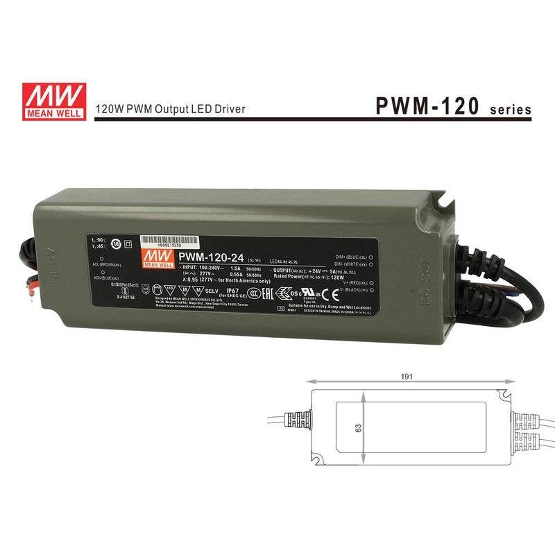 Alimentatore Led MW MEAN WELL PWM-120-24 Dimmerabile 120W 24V IP67 Dimming 3 in 1 0-10V 10V PWM Resistance