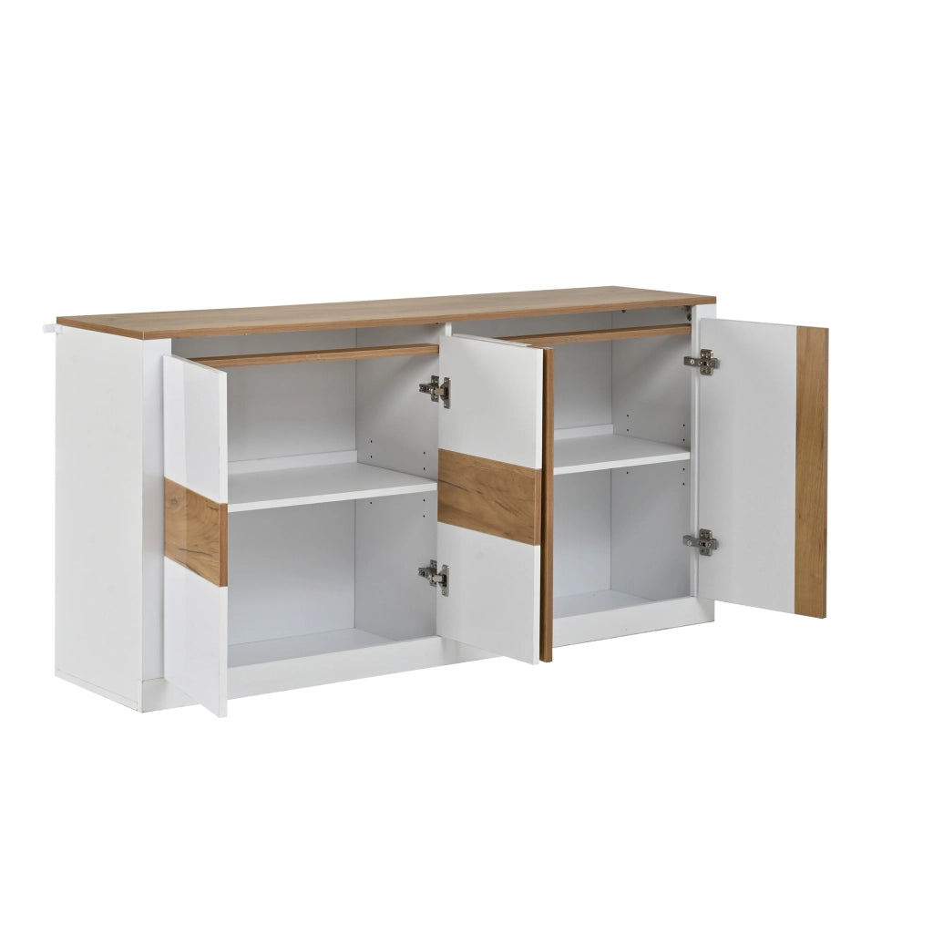 Credenza Bianca Lucida 140 cm con LED RGB; Mobile Soggiorno 4 Ante in MDF; Finitura Rovere