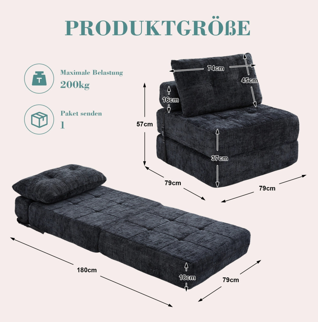 Divano letto pieghevole 79x180 cm in chenille nero con cuscini testa e lombari