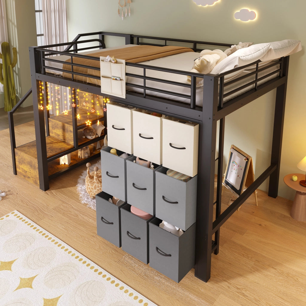 Letto a soppalco 140x200 cm con cassetti e scala contenitore in MDF e metallo