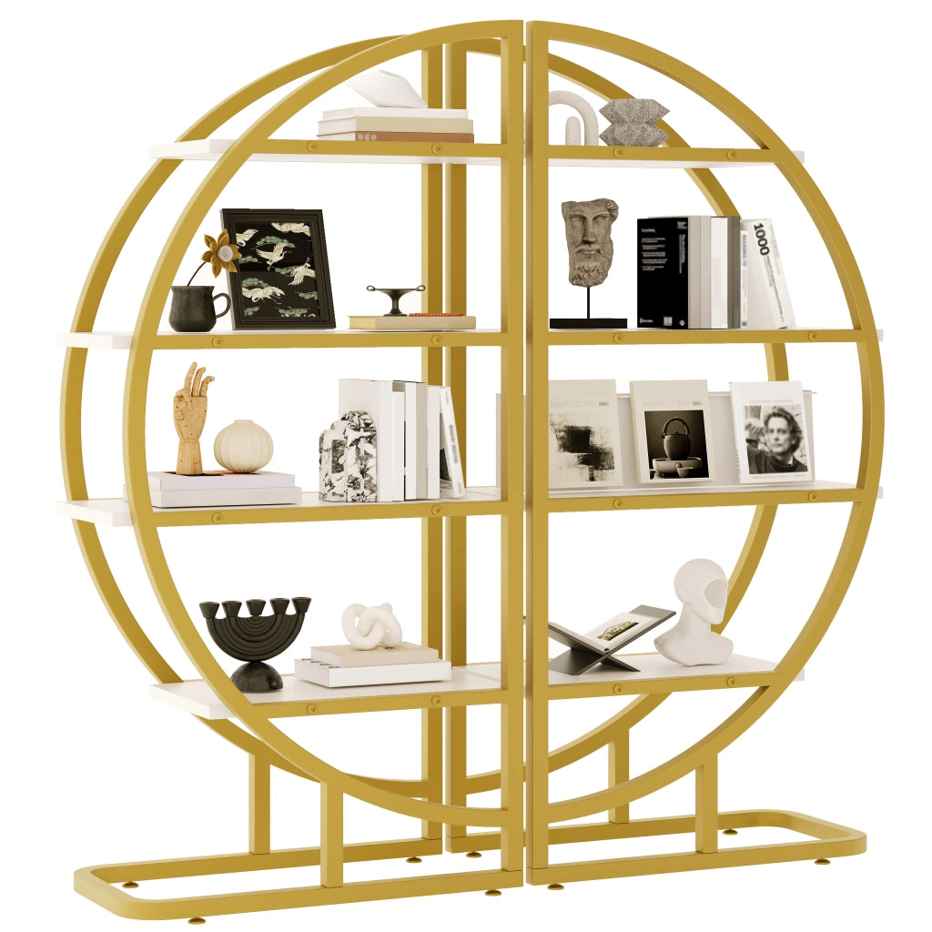 Libreria modulare aperta a 2 elementi con 4 ripiani per soggiorno e cucina, in MDF e metallo, oro e bianco, 120 × 30 × 130 cm