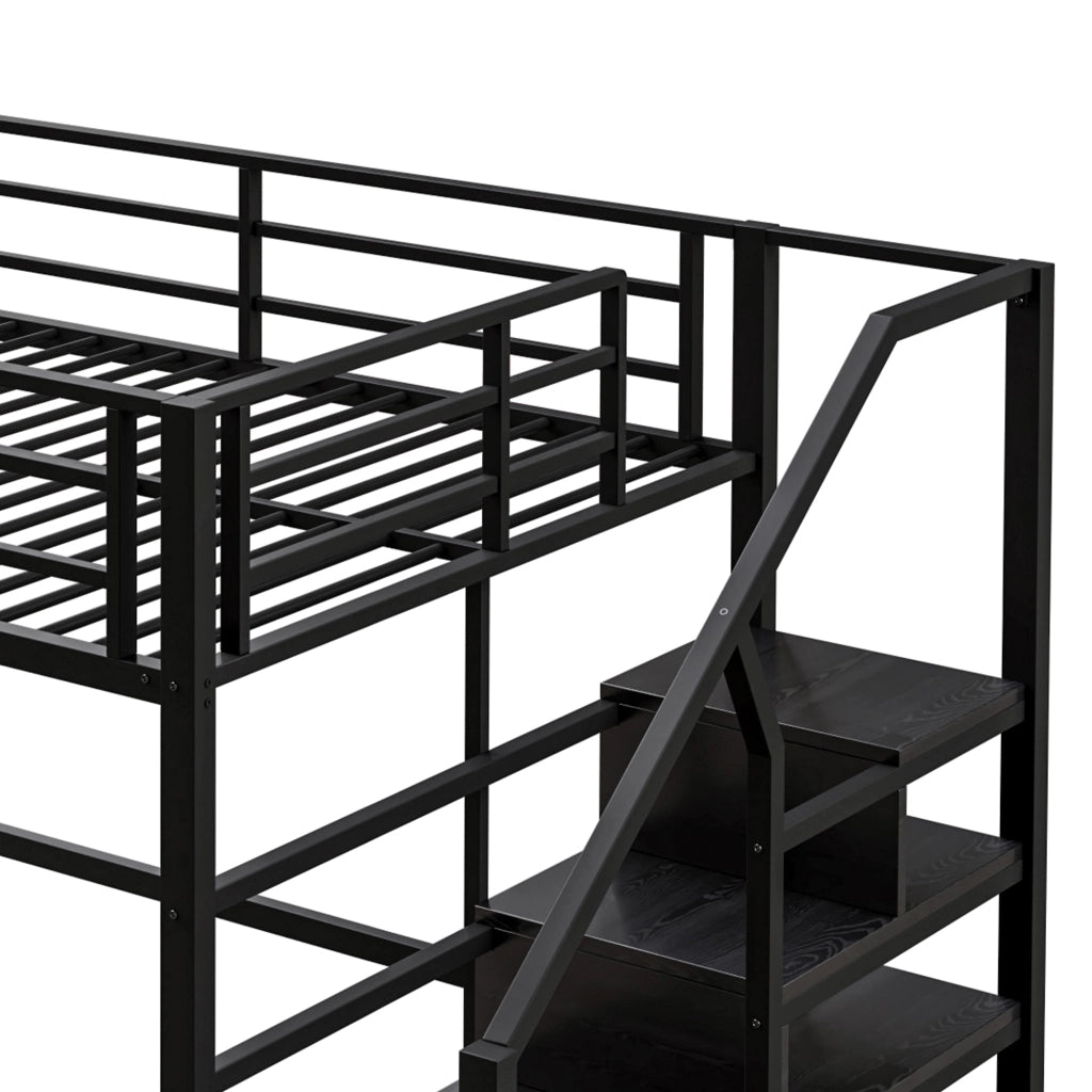 Letto a soppalco 140 × 200 cm con scaffali e scala contenitore in metallo e MDF nero