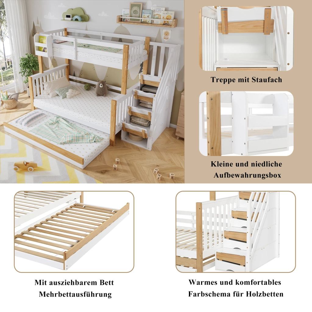 Letto a castello per bambini con letto estraibile; pino e MDF; scala contenitore; bianco e legno naturale