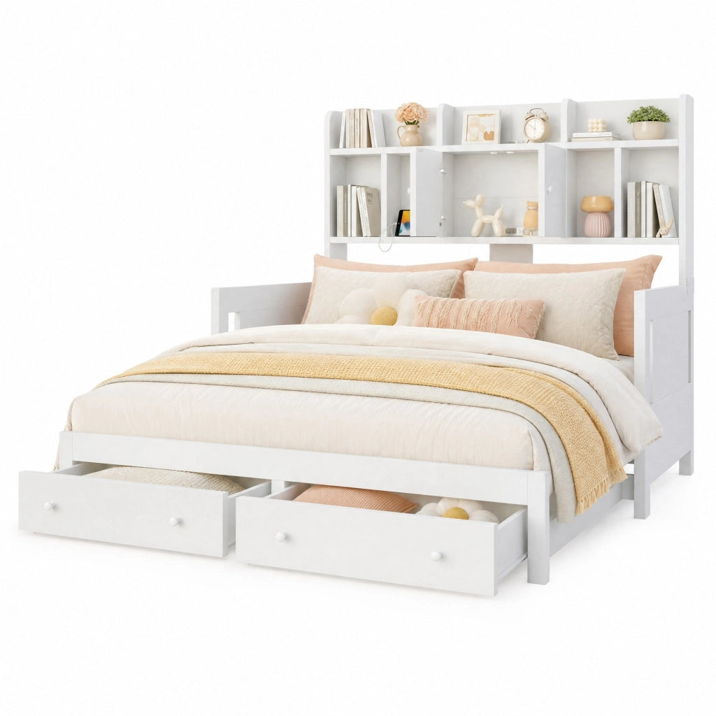 Divano letto 90 × 190 cm estensibile a 180 × 190 cm con cassetti prese integrate LED in legno bianco