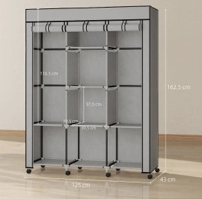 Armadio in tessuto grigio con 8 ripiani e 2 appendiabiti, 125x43x162,5 cm
