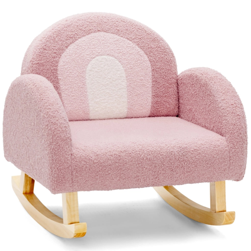 Sedia dondolo per bambini con gambe in legno massiccio e cuscinetti antiscivolo, Poltrona a dondolo Rosa-Divani per bimbi