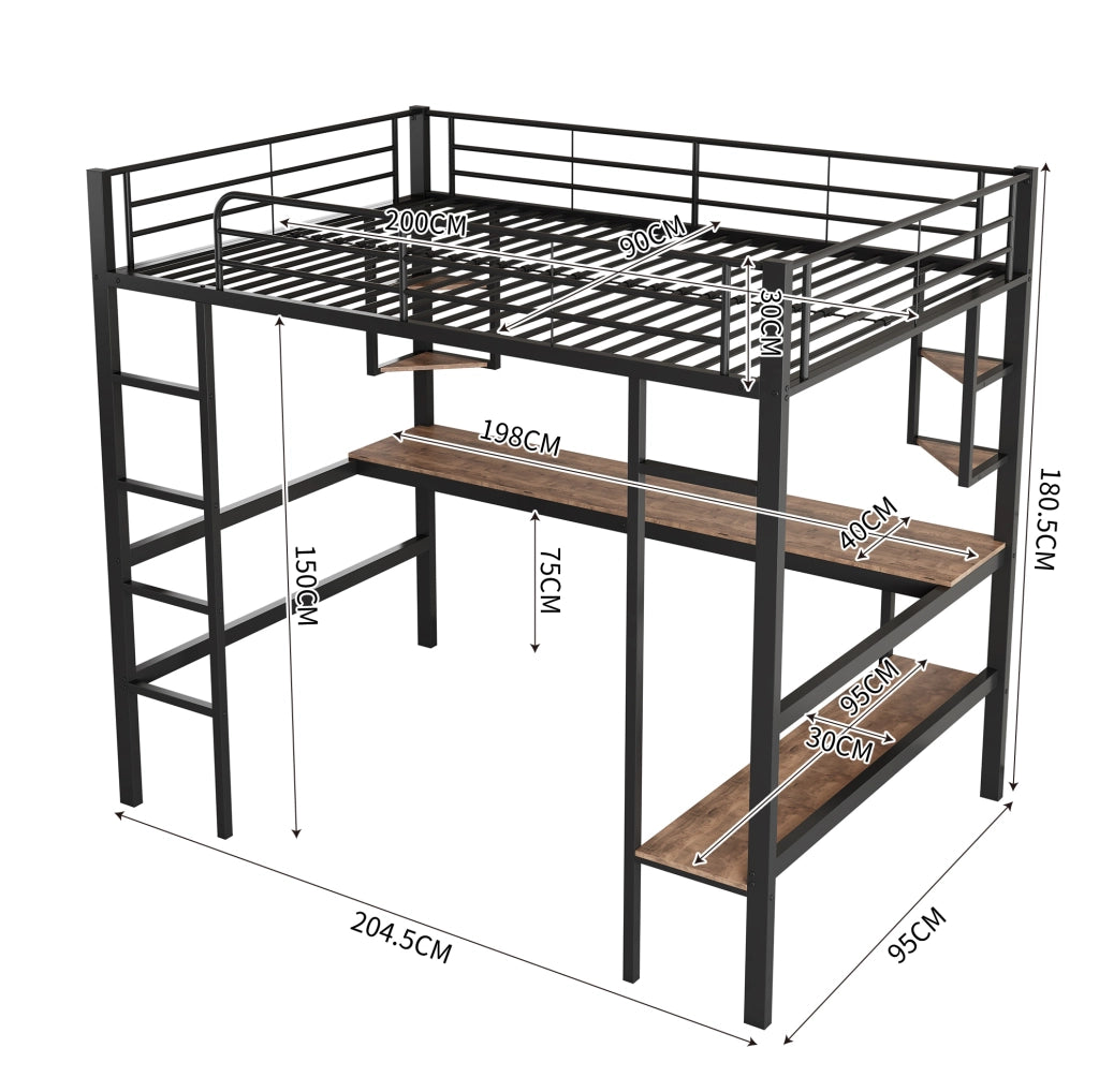 Letto a soppalco 90x200 cm in metallo con scrivania e libreria, nero