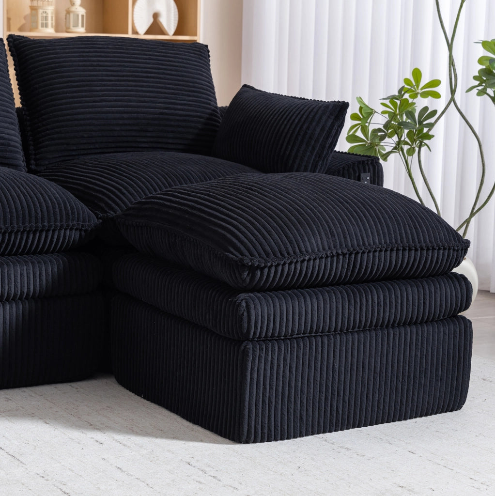 Divano modulare 3 posti in velluto a coste con pouf, cuscini e 2 tasche laterali, imbottitura a 3 strati con molle per un rapido ritorno elastico, nero