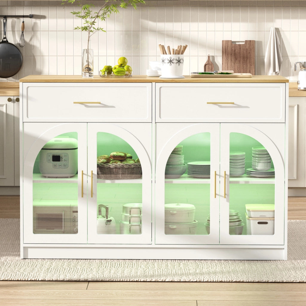 Isola cucina 135x55 cm con LED; 2 cassetti e ante in vetro bianca HOMVRA