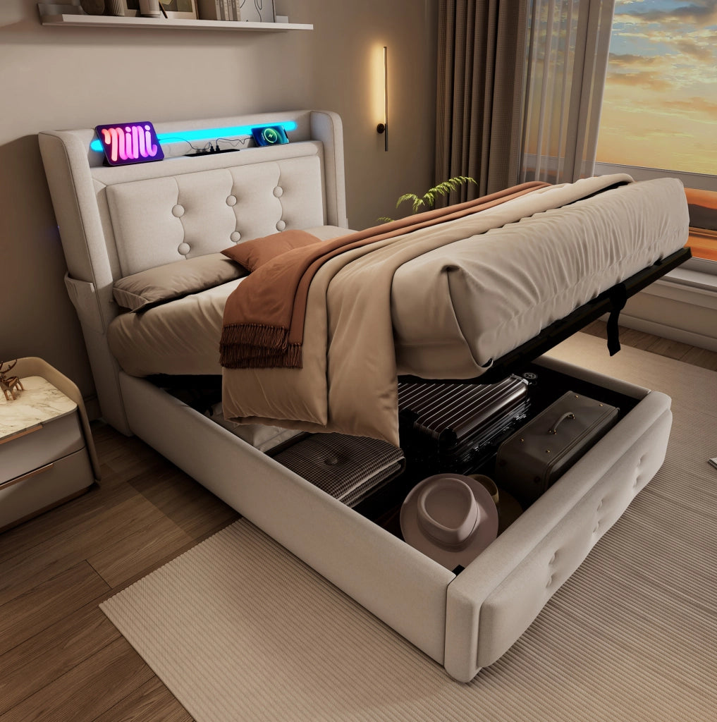 Letto imbottito 90x200 cm con contenitore; LED; prese USB e Type-C; beige