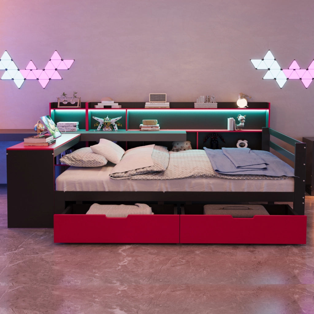 Letto divano matrimoniale 140 × 200 cm con scrivania, LED, prese e USB, senza materasso, nero e rosso