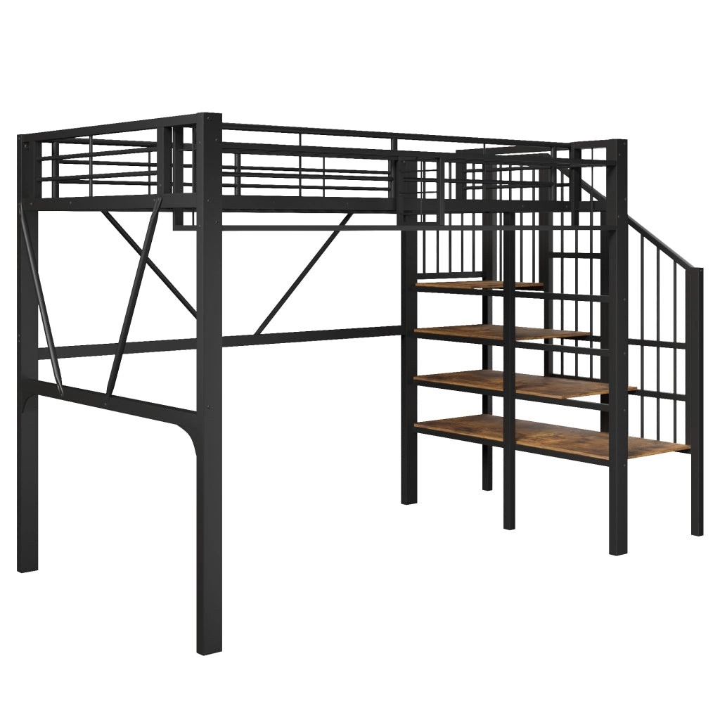 Letto a soppalco 90x200 cm in metallo e MDF, con ripiani a gradini, vano aperto, LED, nero