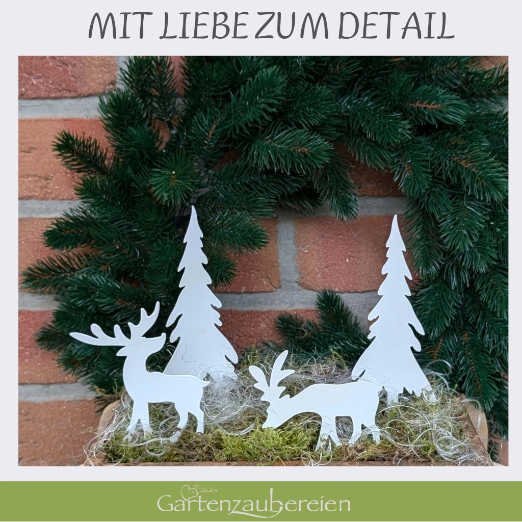 Set di 4 pezzi: 2 alci e 2 alberi di Natale in metallo, bianco, decorazione natalizia e autunnale per vasi da fiori, corone dell'Avvento e ghirlande per porte