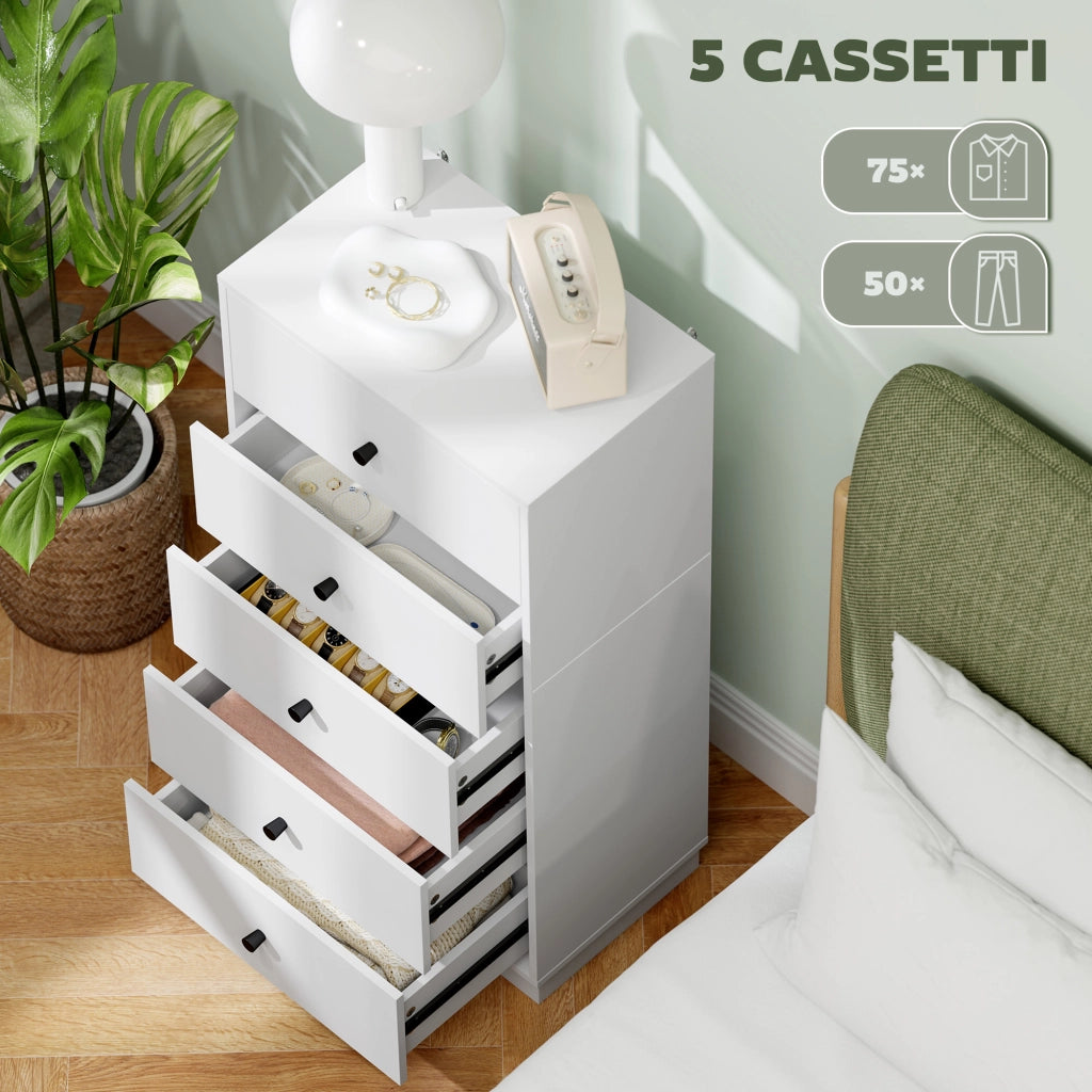 Cassettiera moderna 5 cassetti in truciolato per camera da letto e casa, mobile comò salvaspazio robusto, bianco, 47x29x95 cm