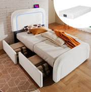 Letto imbottito 90x200 cm con materasso, LED, USB e USB-C, 2 cassetti in Sherpa bianco