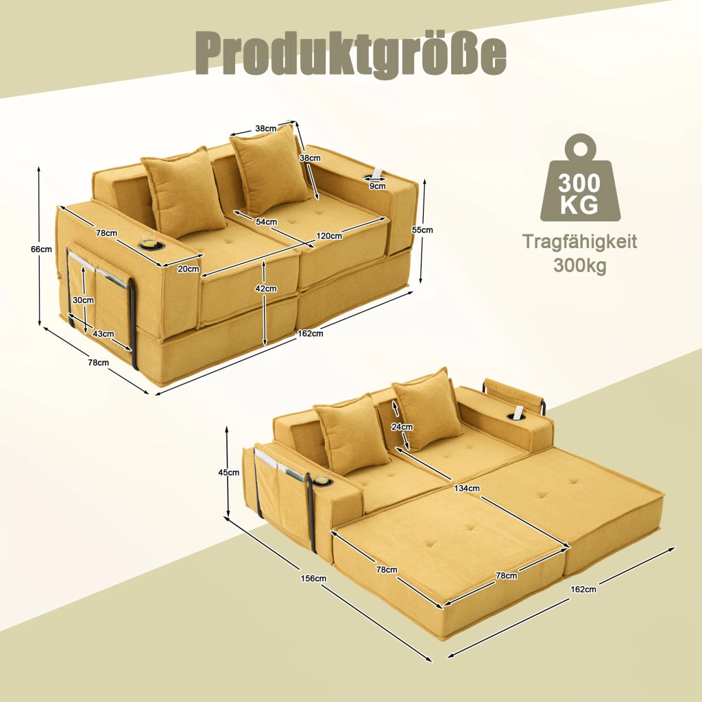 Divano letto 2 sedili convertibili con letto matrimoniale; pouf con portaoggetti e porta tazze; cuscini 2; velluto a coste; Giallo