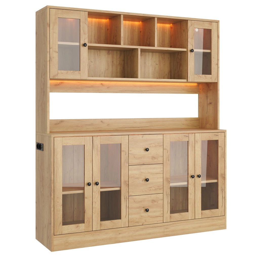 Mobile da cucina 150x40x173 cm con LED RGB, 3 cassetti e prese in MDF naturale