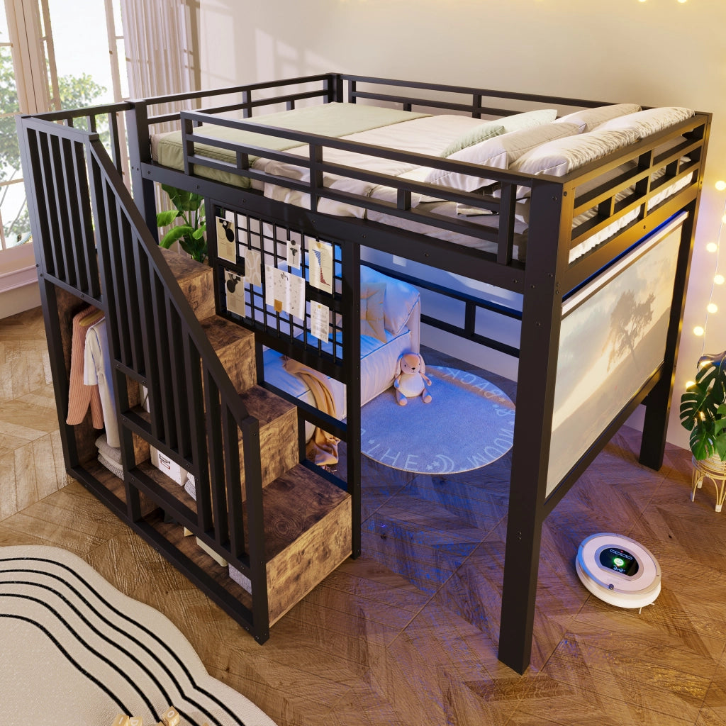 Letto a Soppalco 140x200 cm in MDF e Metallo con Guardaroba; Scala Contenitore; LED; Scaffali; Nero