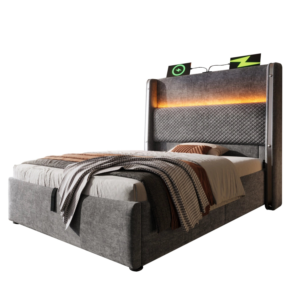 Letto singolo idraulico con testiera alta, LED e porte USB/Type-C