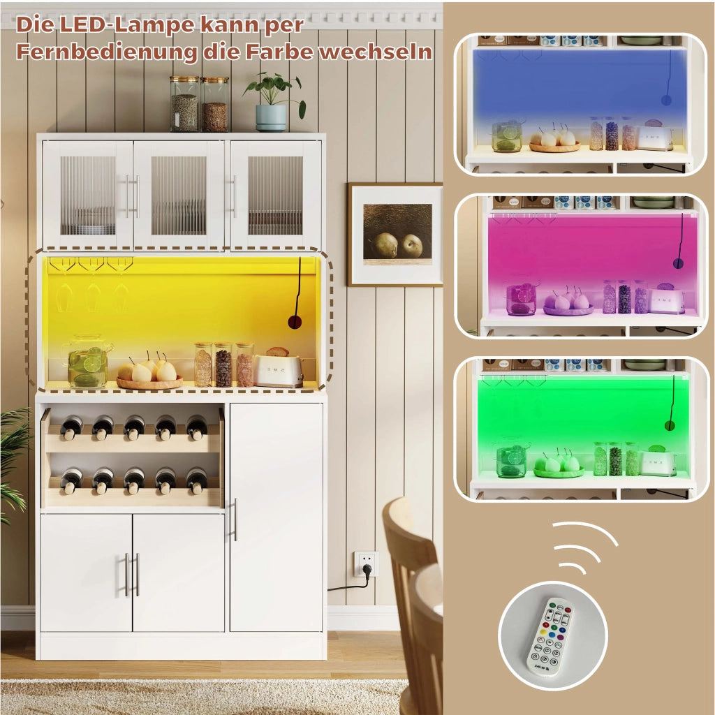 Dispensa da cucina bianca 100x40x180 cm con ante in vetro, LED RGB e presa elettrica, portabicchieri e scaffale vino, mobile alto moderno