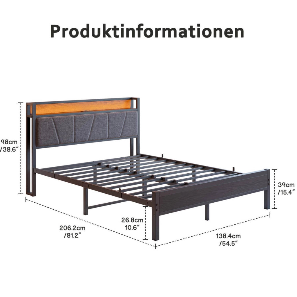 Struttura Letto 140x200 cm con LED, Testiera con Porta USB, Supporto a Doghe in Metallo Resistente, Montaggio Facile