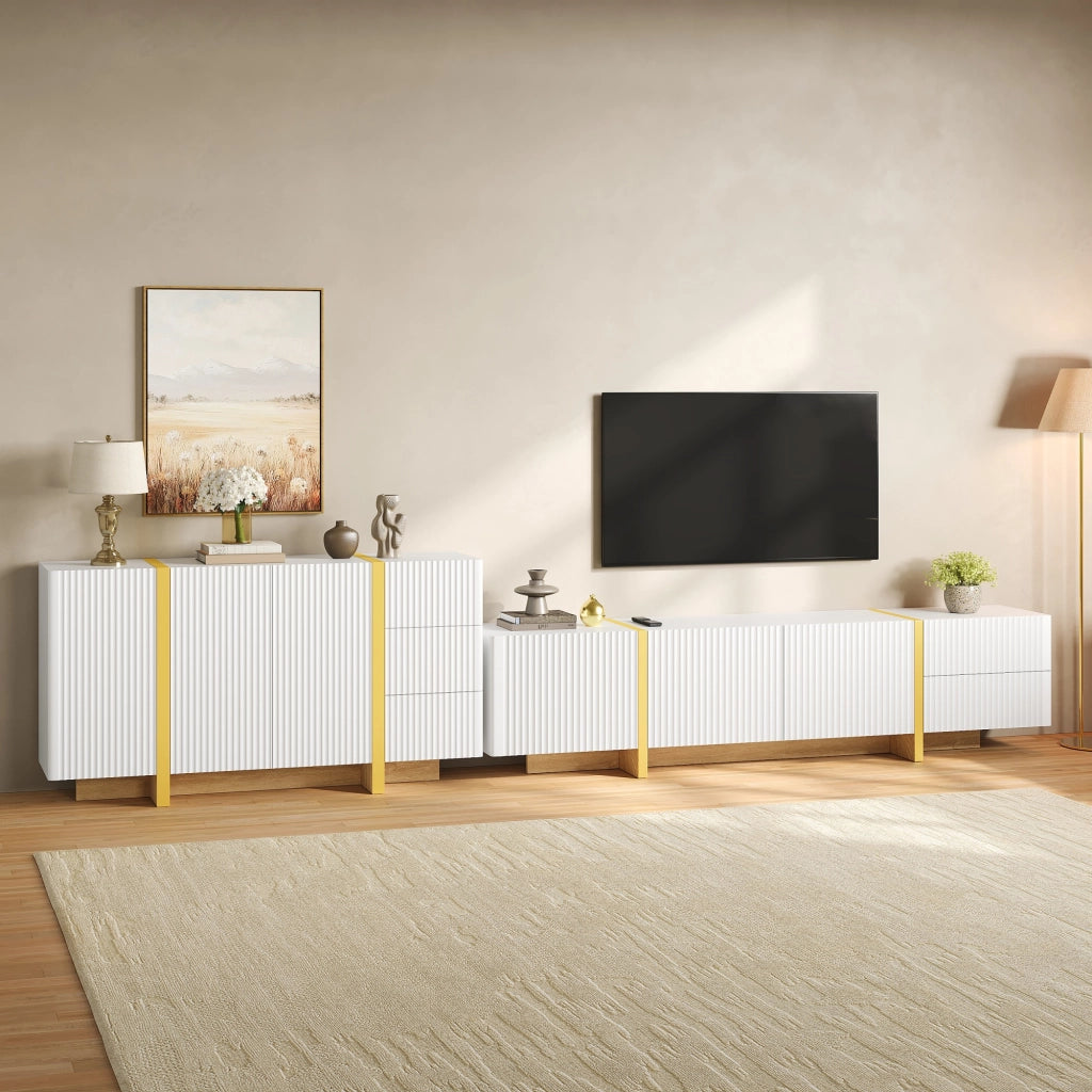Combinazione mobile TV e credenza con frontali a doghe; 190 cm; MDF e PB; bianca