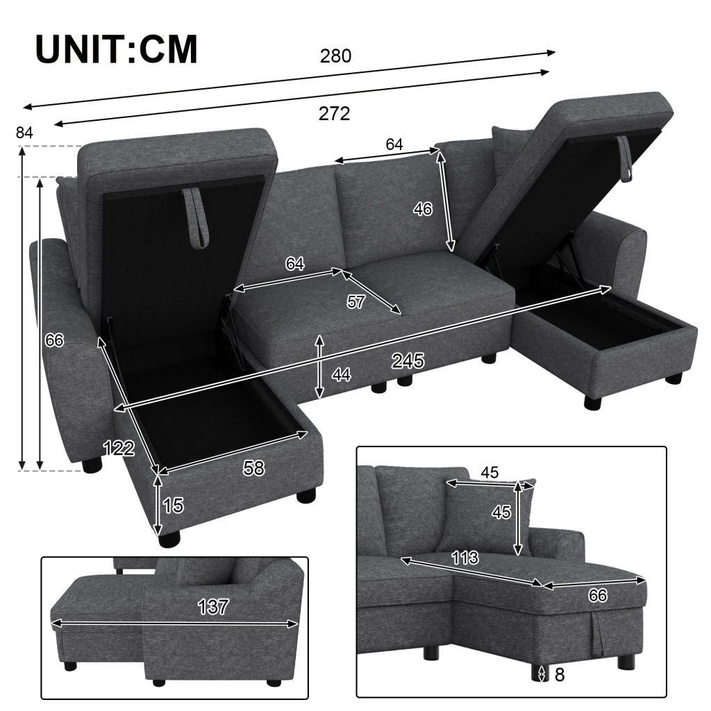 Divano modulare a U con chaise longue contenitore e cuscini in chenille grigio