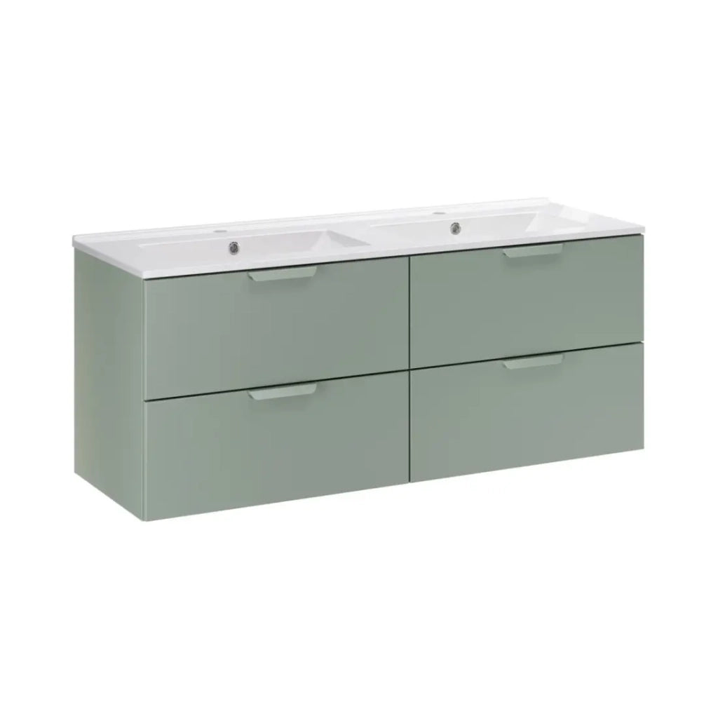 Set da bagno OSTER 120cm: mobile sottolavabo con cassetti verde salvia + doppio lavabo incassato bianco
