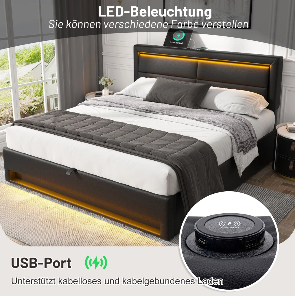 Letto imbottito 140x190 cm con porta USB, illuminazione LED e spazio contenitore, design in PU lychee nero, senza materasso
