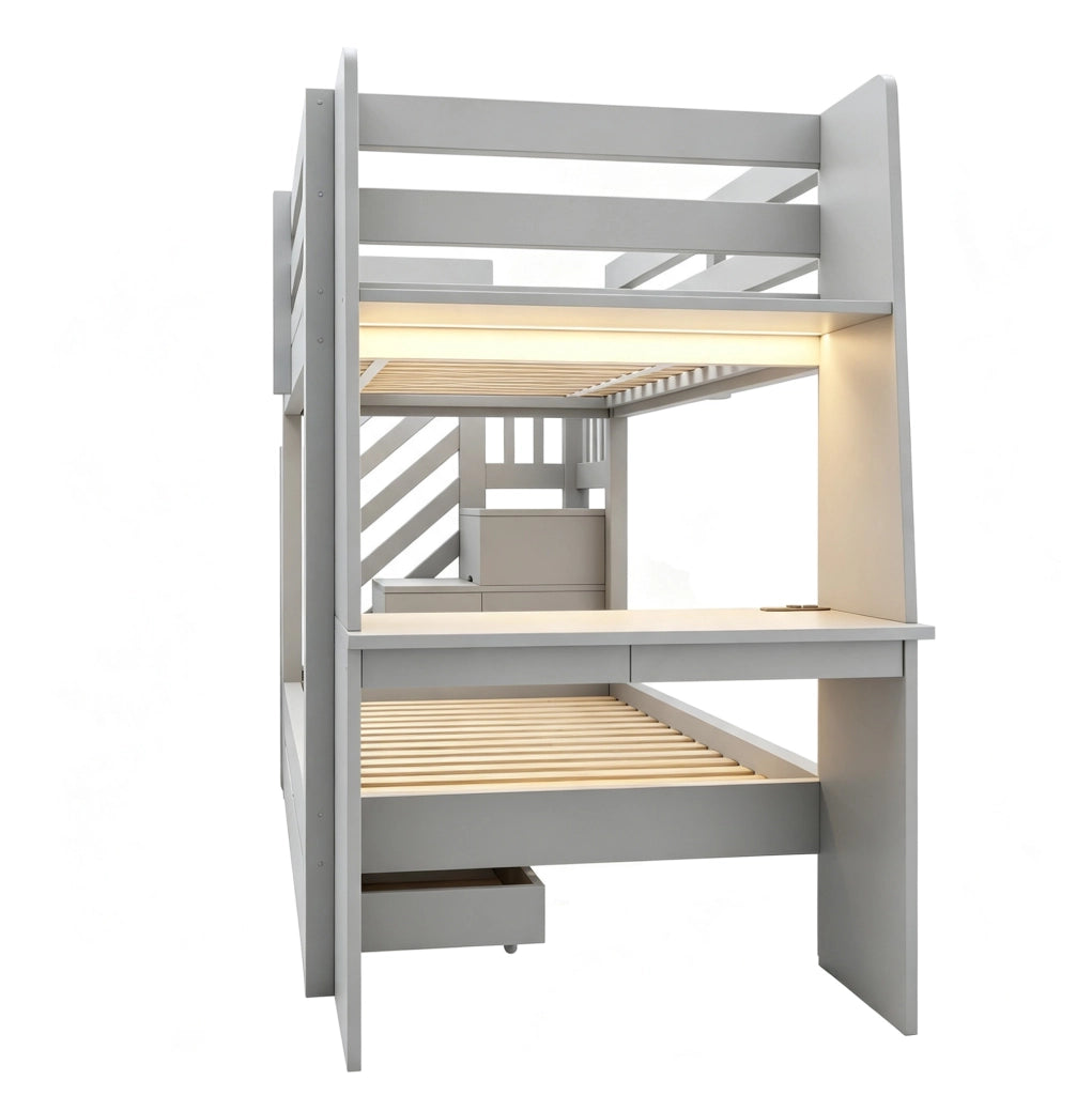 Letto a castello 90x200 cm in legno grigio con scrivania; libreria; LED e cassetti