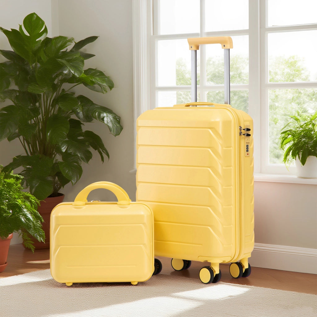 Set di valigie rigide 2 pezzi in ABS giallo con trolley da 19 pollici e beauty case rimovibile da 14 pollici