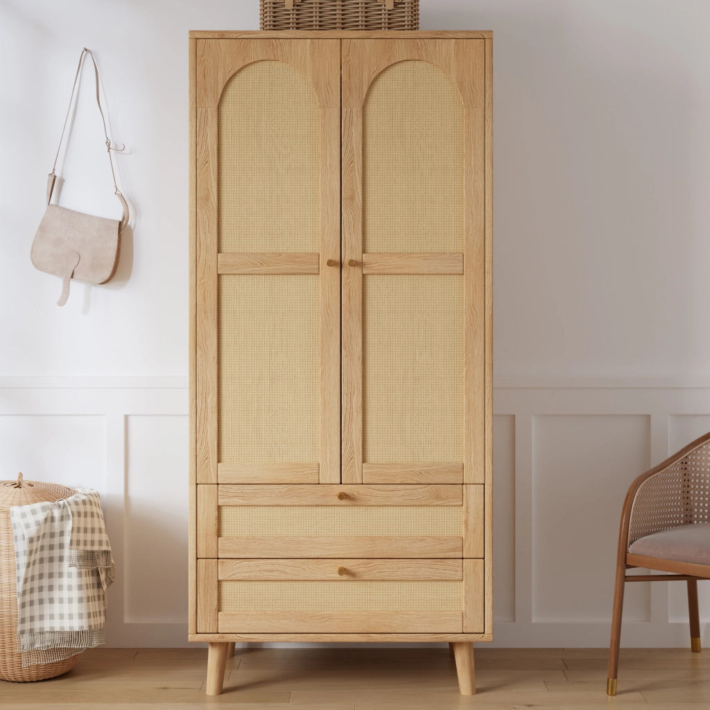 Armadio con 2 ante, appendiabiti, ripiani e 2 cassetti per camera, in MDF naturale, 80 × 50 × 180 cm