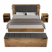 Letto Matrimoniale 180 x 200 cm - USB; Lampade; Comodini e Panca Contenitore - Rovere