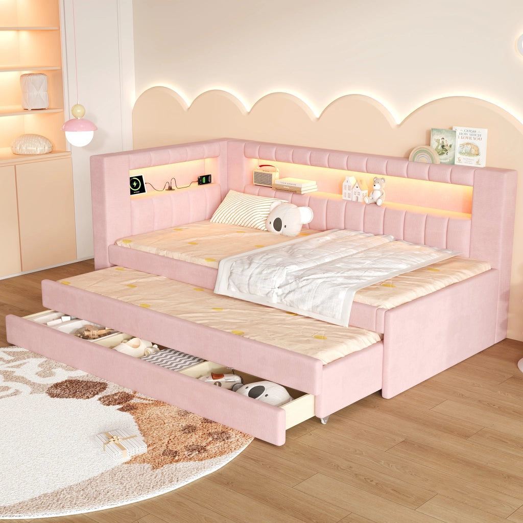 Letto singolo imbottito 90 × 200 cm con letto estraibile tre cassetti USB LED MDF e compensato rosa