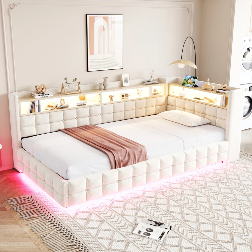 Divano letto 90 × 200 cm con vano contenitore idraulico LED prese USB e Tipo C rivestito in velluto beige
