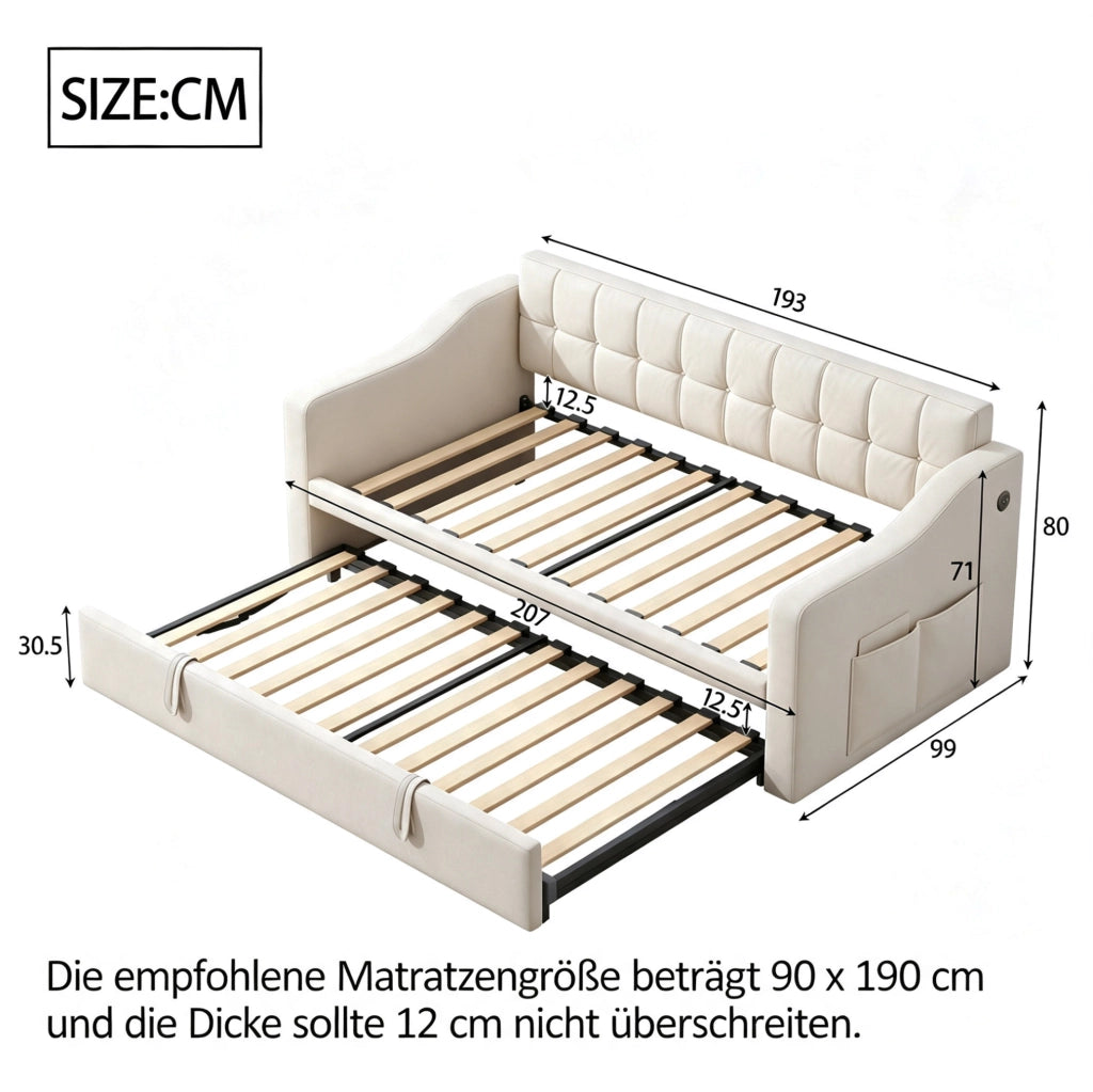 Divano letto 2 in 1 in velluto beige 90x190 cm con porta USB e spazio contenitivo