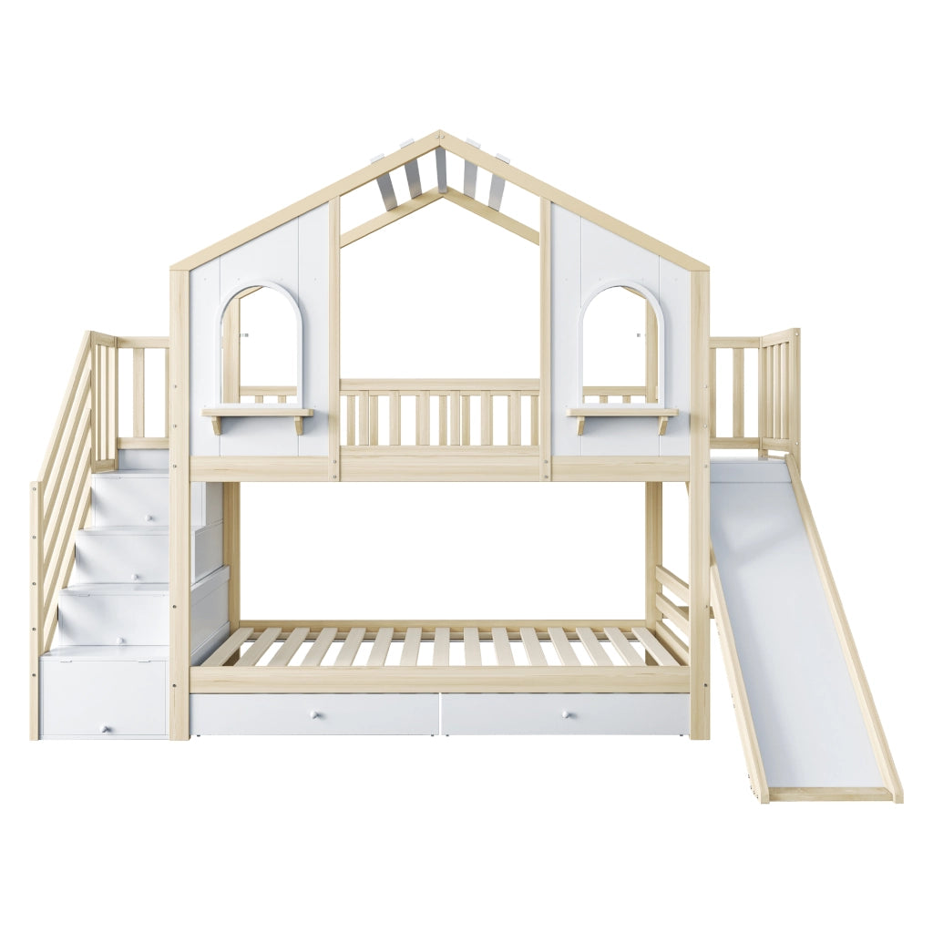 Letto a castello per bambini 90 × 200 cm 2 posti; con scivolo; scala contenitore e cassetti; senza materasso
