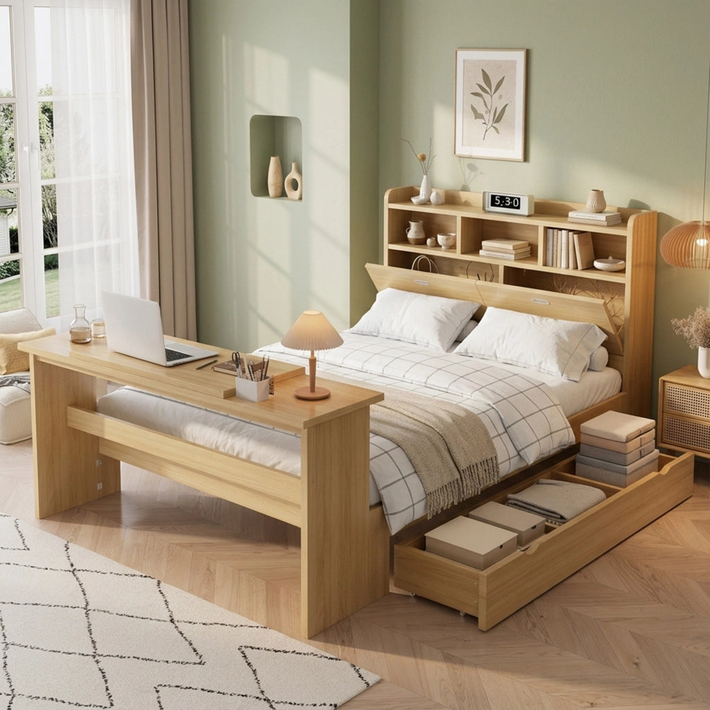 Letto una piazza e mezza 140×200 cm con cassetto; ripiani e tavolo pieghevole regolabile; senza materasso