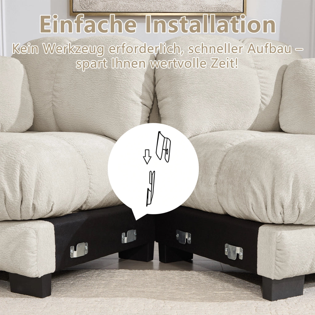 Divano ad angolo a forma di L 3 sedili effetto nuvola 260x149x90 cm; divano con pouf mobile; cuscini 2; design trapuntato; cuscini spessi; kaki chiaro