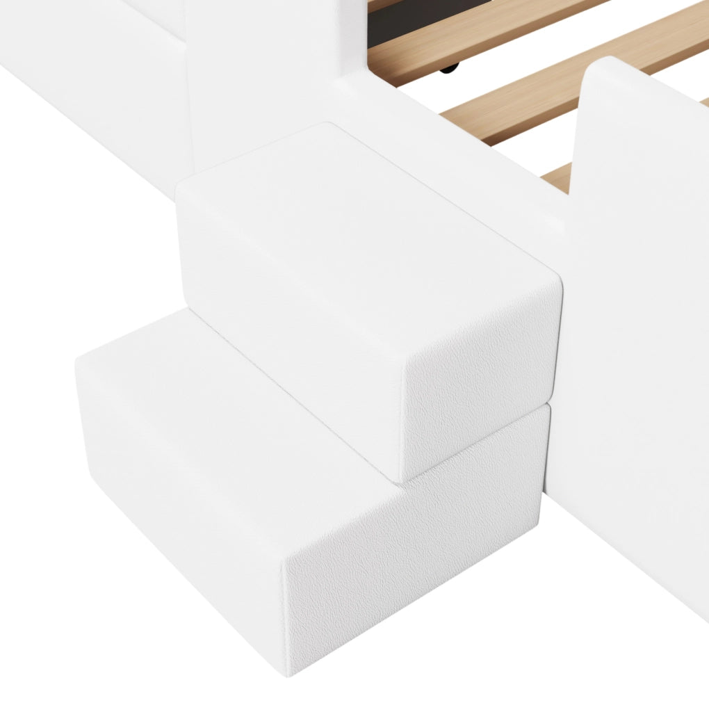 Letto piattaforma imbottito 90x200 cm bianco con cassetti, LED, USB e scaletta