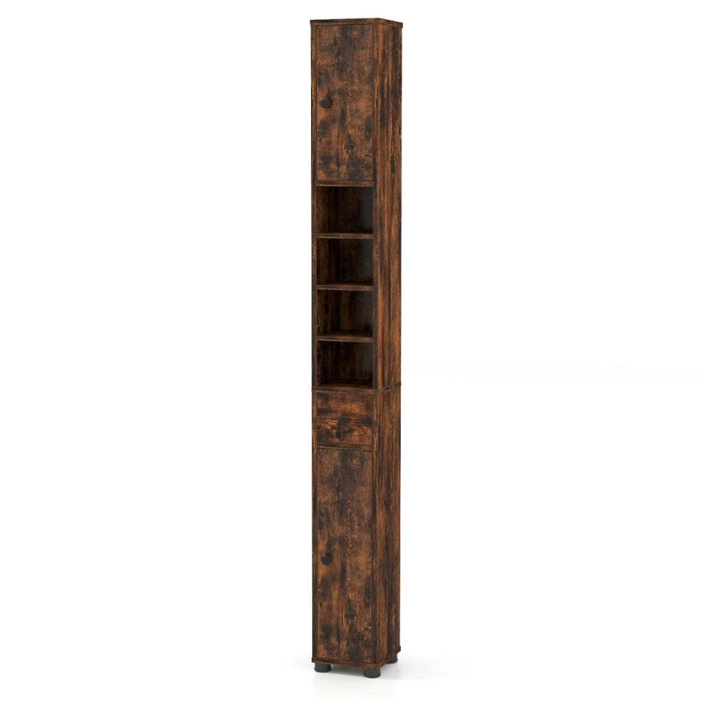Armadio da bagno alto slim con 1 cassetto di stoccaggio, Armadio da bagno 5 ripiani regolabili struttura antiscivolo Marrone