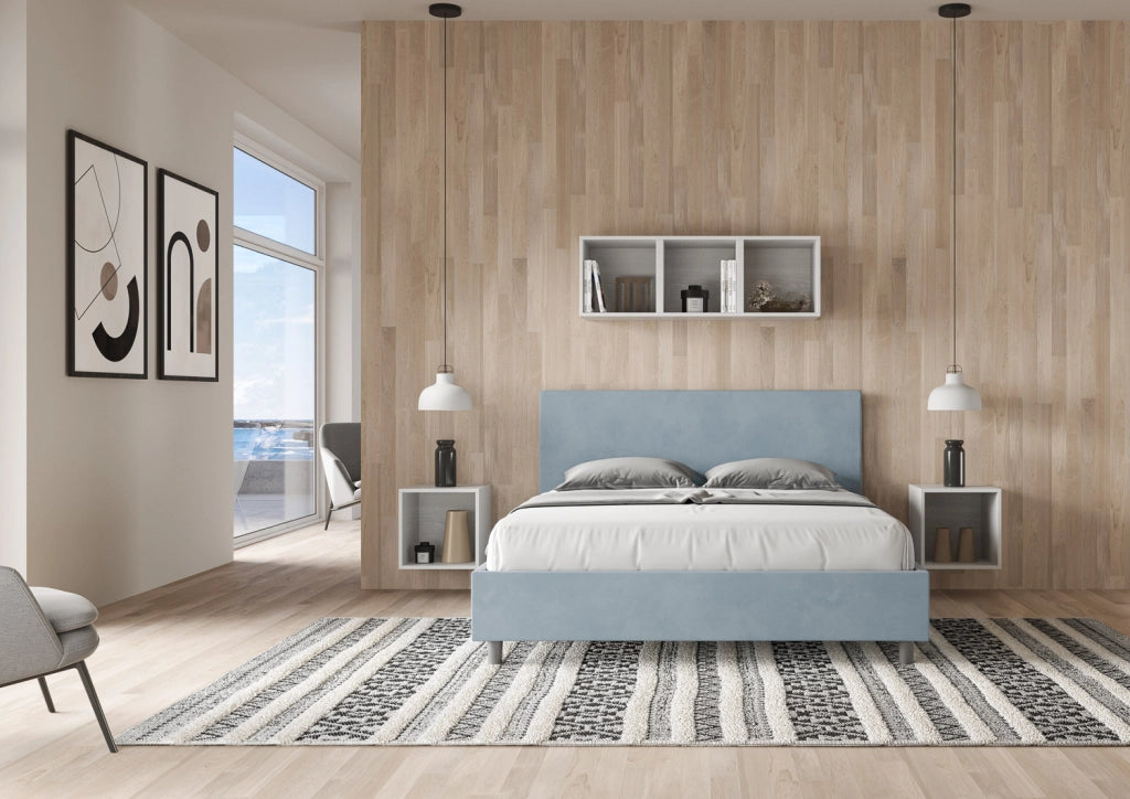 BS COM Letto queen size contenitore imbottito 150x210 microfibra azzurro