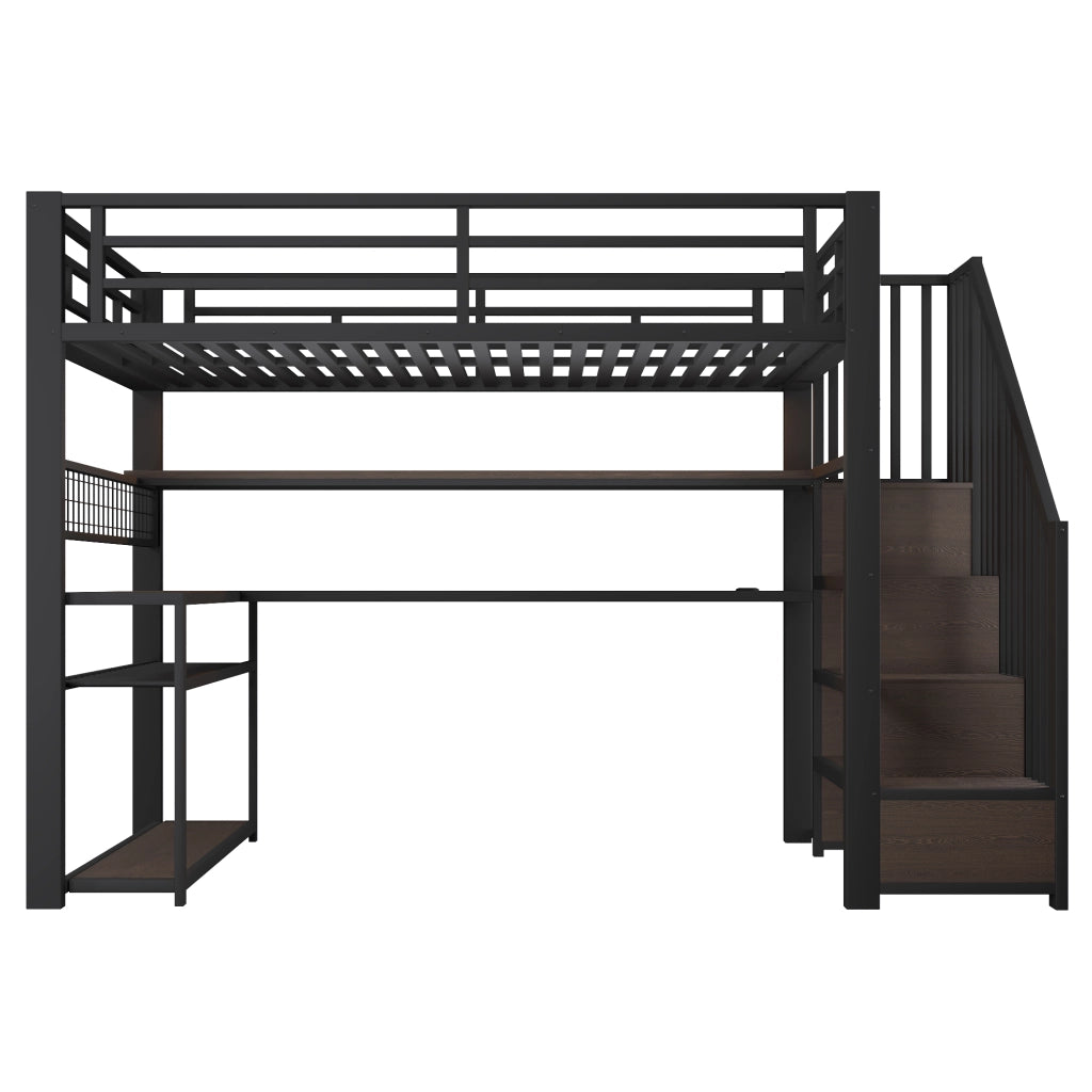 Letto a soppalco 90 × 200 cm con scrivania armadio LED RGB scala contenitore in metallo e MDF nero