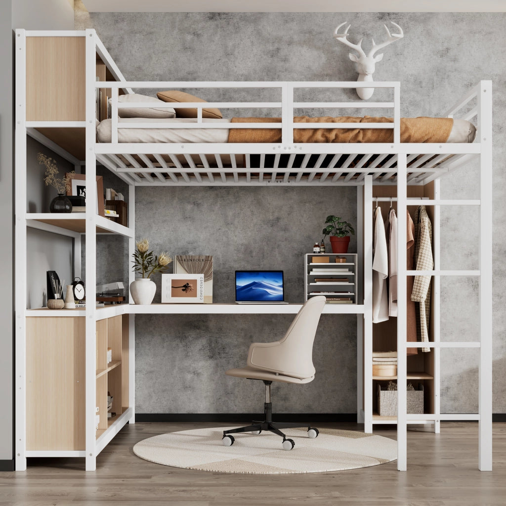 Letto a soppalco 140 × 200 cm con scrivania armadio e vani contenitore in ferro e truciolare