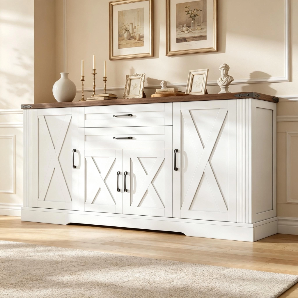 Credenza e madia con 4 ante, 2 cassetti e ripiani regolabili per cucina e soggiorno, bianca, 160 × 39 × 81.5 cm