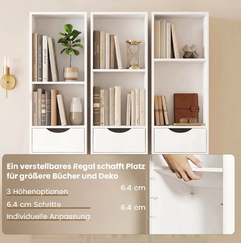 Libreria stretta bianca con 2 cassetti e 3 ripiani aperti, 30x24x158 cm, per ufficio e camera da letto