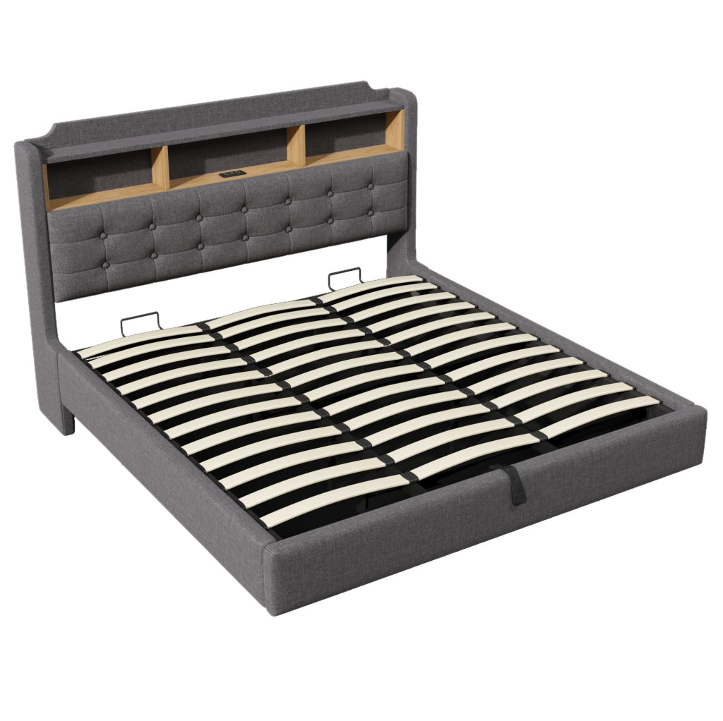 Letto matrimoniale imbottito 180x200 cm in lino grigio con LED; contenitore idraulico e USB-C HOMVRA